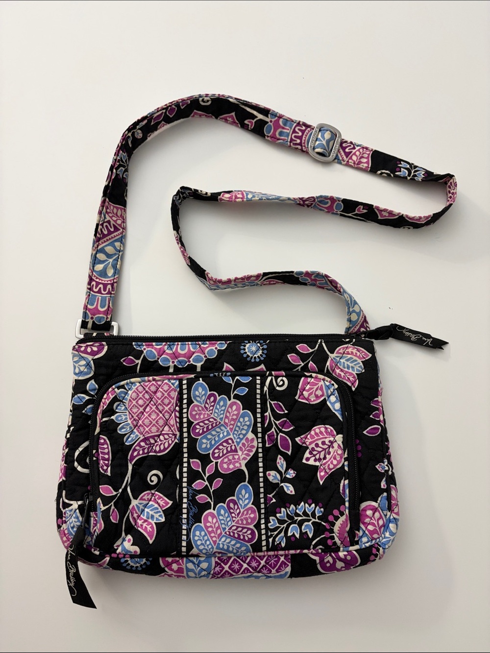 Vera Bradley Quilted Alpine Floral Crossbody Bag Purse - Black, Purple & Blue